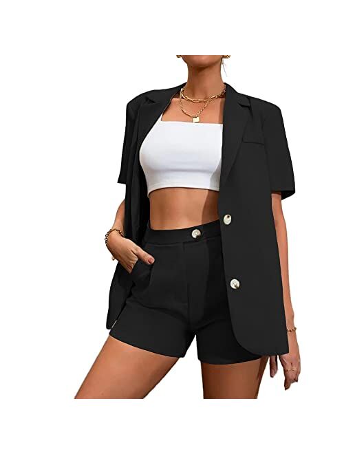 Iualxybb Women's Summer Fashion Casual Solid Color 2 Piece Outfits Short Sleeve Button Blazer and Shorts Pant Suits Set