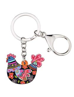 Acrylic Floral Hen Chicken Keychains Key Ring Car Purse Bags Pets Lover Charms Animal Gifts