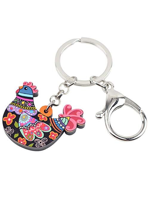 Bonsny Acrylic Floral Hen Chicken Keychains Key Ring Car Purse Bags Pets Lover Charms Animal Gifts