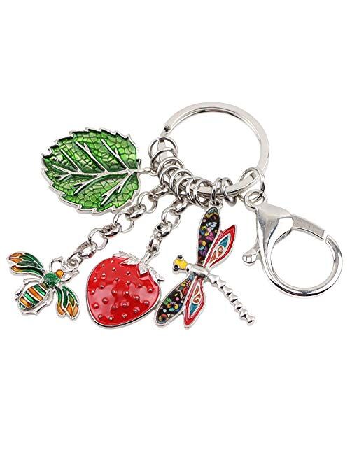Bonsny Enamel Hawaii Tropic Summer Collection Bee Strawberry Dragonfly Leaf Keychains Key Ring Car Purse Bags Charms