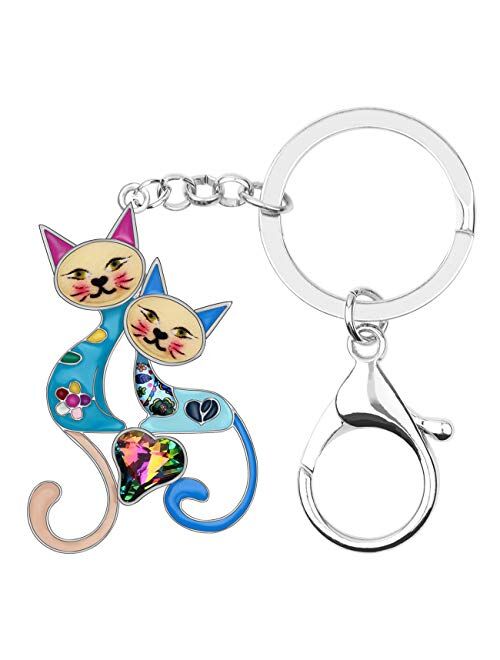 BONSNY Enamel Metal Heart Rhinestone Couple Love Cat Key Chains For Women Girl Car Purse bag Rings Charms Pets Gift