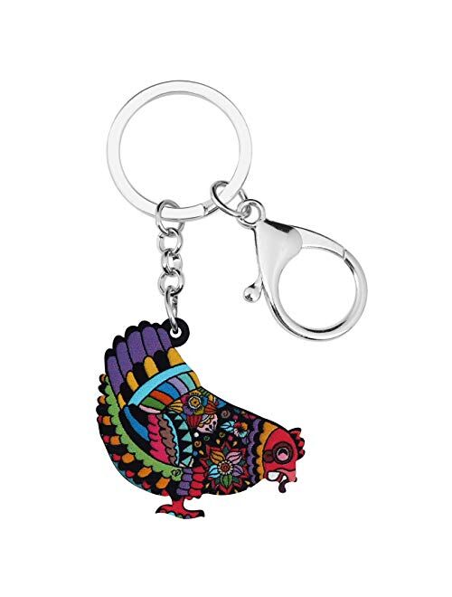 BONSNY Acrylic Floral Hen Chicken Keychains Key Ring Car Purse Bags Charms Farm Animals Lover Gifts