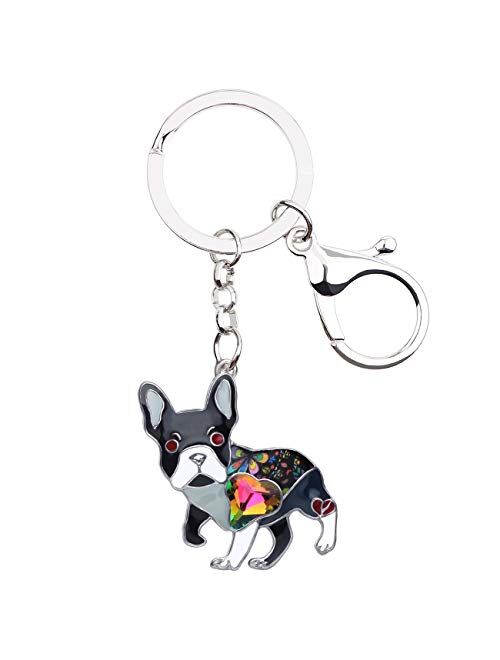 BONSNY Enamel Metal Heart Rhinestone French Bulldog Key Chains For Women Kids Car Purse bag Rings Charms Pets Gift