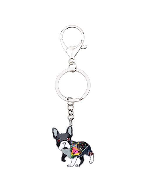 BONSNY Enamel Metal Heart Rhinestone French Bulldog Key Chains For Women Kids Car Purse bag Rings Charms Pets Gift