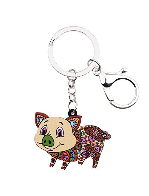 BONSNY Patterned Acrylic Cartoon Farm pig Keychains For Women Kids Car Key Bag Rings Pendant Charms Gifts