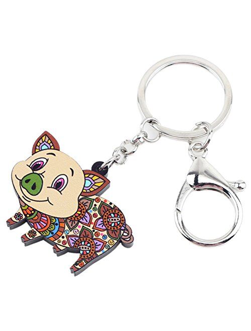 BONSNY Patterned Acrylic Cartoon Farm pig Keychains For Women Kids Car Key Bag Rings Pendant Charms Gifts