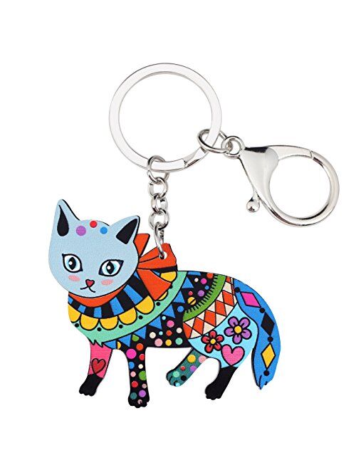 BONSNY Patterned Floral Acrylic Cat Keychains For Women Kids Car Purse Bag Rings Pendant Charms Gifts