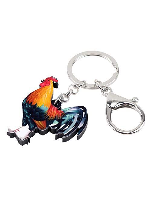 Bonsny Acrylic Colorful Rooster Chicken Keychains Key Ring Car Purse Bags Pets Lover Farm Animal Gifts