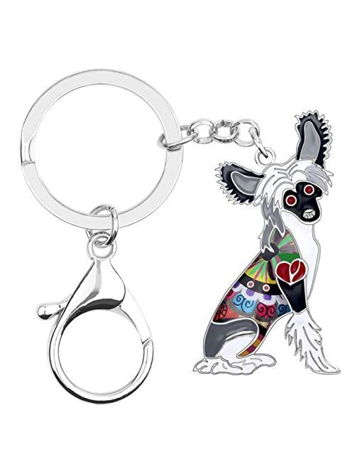 BONSNY Enamel Metal Heart Rhinestone Chinese Crested Dog Key Chains For Women Kids Car Purse bag Rings Charms Pets Gift