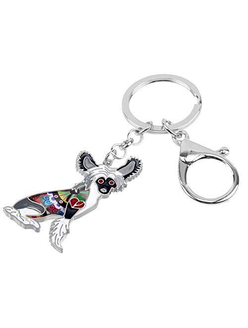 BONSNY Enamel Metal Heart Rhinestone Chinese Crested Dog Key Chains For Women Kids Car Purse bag Rings Charms Pets Gift