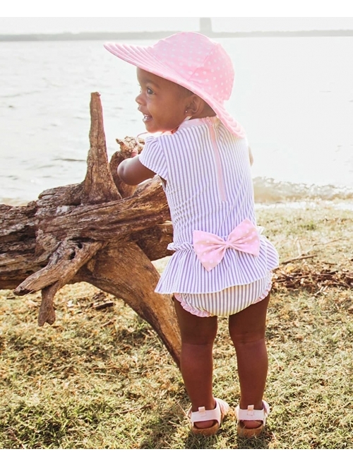 RuffleButts Baby Girls Peplum Swimsuit with Hat, 2-Piece Set