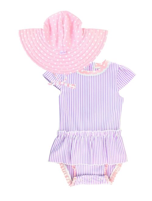 RuffleButts Baby Girls Peplum Swimsuit with Hat, 2-Piece Set