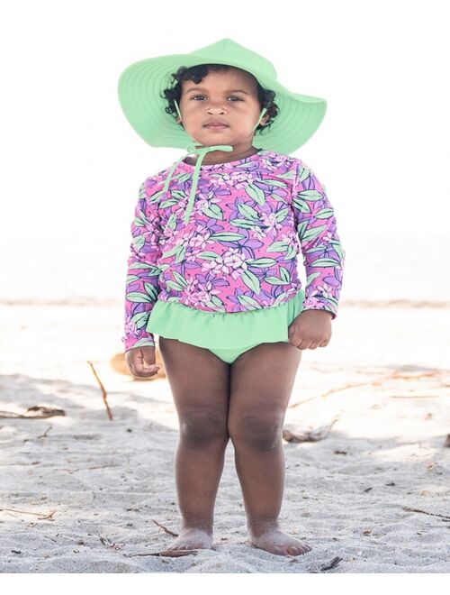 RuffleButts Baby Girls Ruffled Rash Guard Swimsuit with Hat, 3-Piece Set