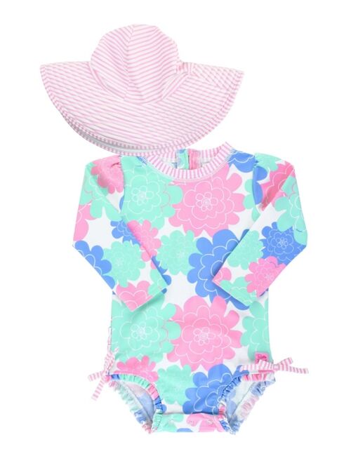 RuffleButts Toddler Girls Long Sleeve Rash Guard Swimsuit Swim Hat Set