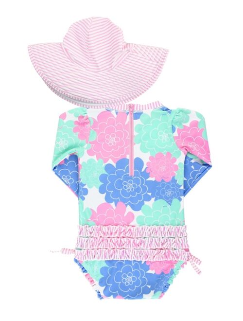 RuffleButts Toddler Girls Long Sleeve Rash Guard Swimsuit Swim Hat Set