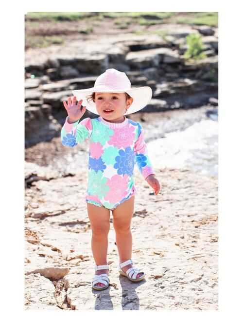RuffleButts Toddler Girls Long Sleeve Rash Guard Swimsuit Swim Hat Set