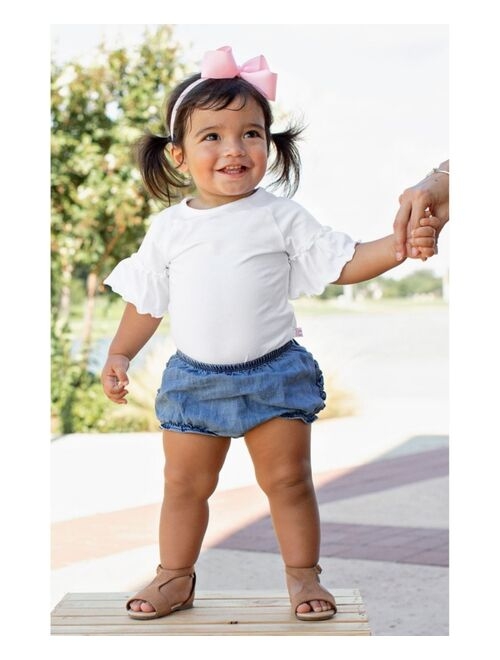 RuffleButts Baby Girl White Mia Bodysuit and Lightwash Denim Ruffle Bloomer Set