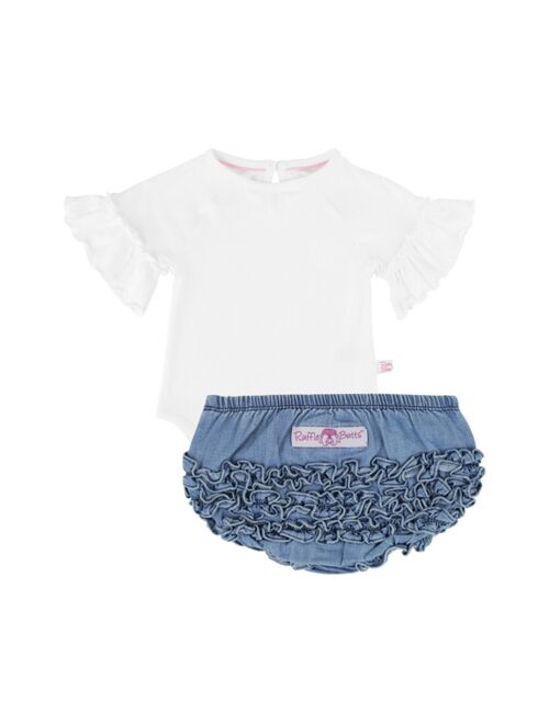 RuffleButts Baby Girl White Mia Bodysuit and Lightwash Denim Ruffle Bloomer Set