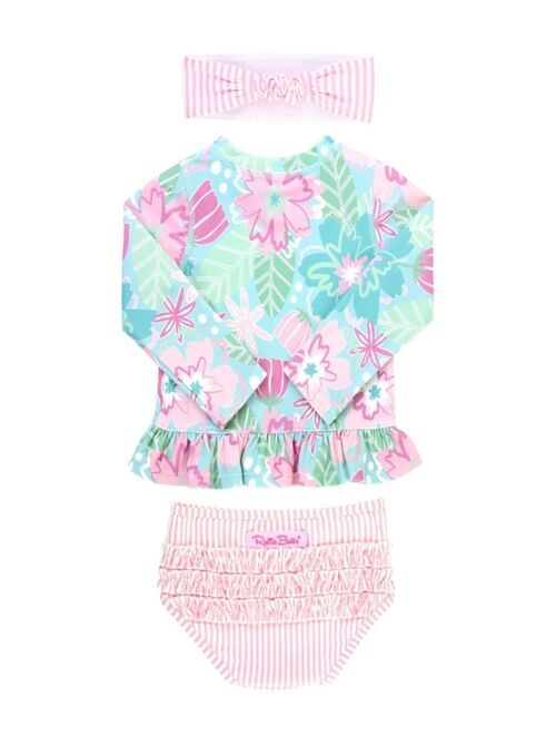 RuffleButts Baby Girls Rash Guard Swimsuit with Bow Headband, 3-Piece Set