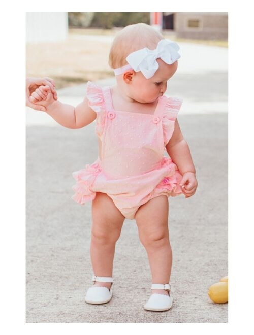 RuffleButts Baby Girl Swiss Dot Flutter Romper and Bow Headband Set