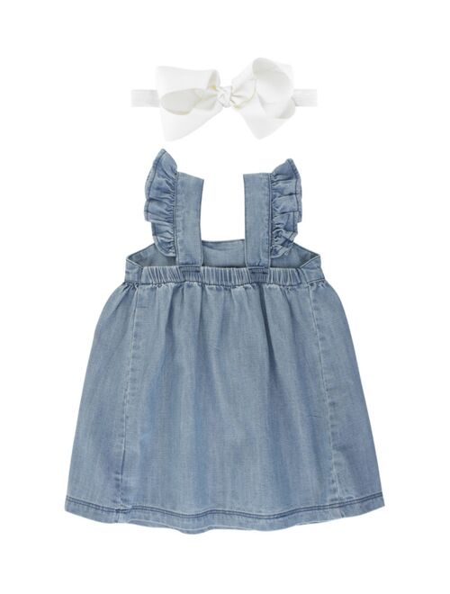 RuffleButts Baby Girl Light Wash Denim Flutter Bow Dress and Bow Headband Set