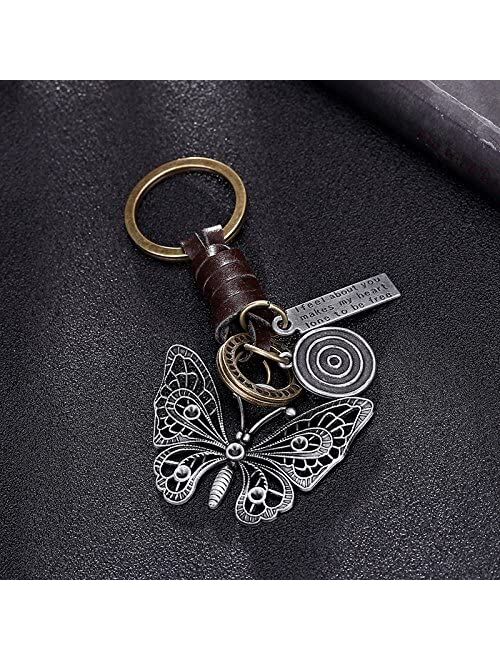 AuPra Leather Butterfly KeyChains Friend Gift Ideas Women Men Good Luck KeyRings Small Surprise Present