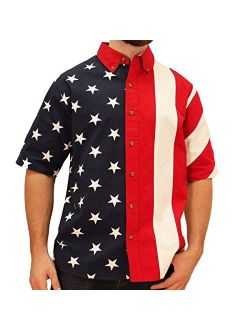 American Summer Flagshirt Men's Half Stars Half Stripes American Flag Shirt - Button-Up, Red, White & Blue,