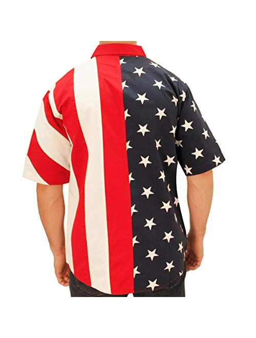 American Summer Flagshirt Men's Half Stars Half Stripes American Flag Shirt - Button-Up, Red, White & Blue,