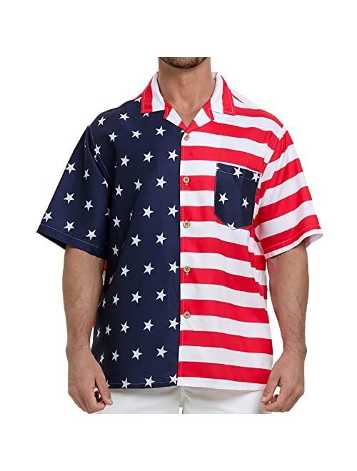 SIX ISLANDS Mens Patriotic Hawaiian Shirt USA American Flag Shirt for Men