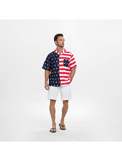 SIX ISLANDS Mens Patriotic Hawaiian Shirt USA American Flag Shirt for Men