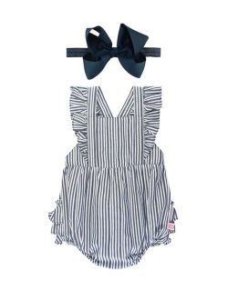 Baby Girl Navy Stripe Romper and Bow Headband Set
