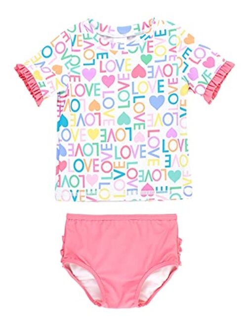 RuffleButts Baby/Toddler Girls UPF 50+ 2-Piece Short Sleeve Rash Guard Bikini w/Ruffles