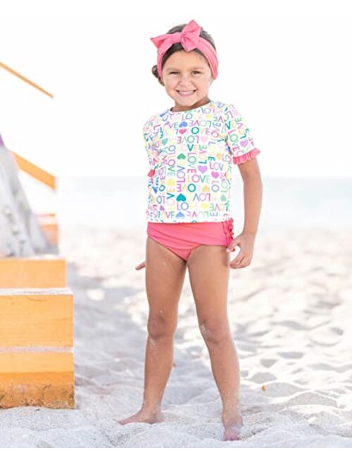 RuffleButts Baby/Toddler Girls UPF 50+ 2-Piece Short Sleeve Rash Guard Bikini w/Ruffles