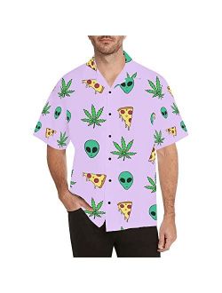 Arttolife Alien Skull Pizza Leaves Men's Hawaiian Shirt Funky Casual Button Down Short Sleeves Summer Beach Surf Aloha Shirts