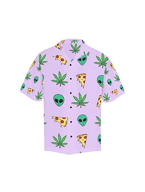 Arttolife Alien Skull Pizza Leaves Men's Hawaiian Shirt Funky Casual Button Down Short Sleeves Summer Beach Surf Aloha Shirts