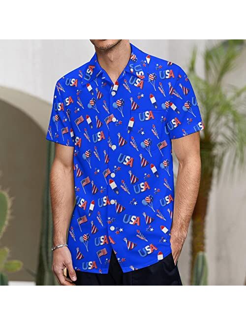 GADZILLE American Flag Button Up Shirt for Men USA Patriotic Hawaiian Shirt Striped Aloha Shirt