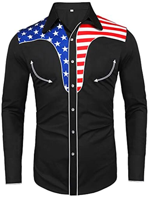 Daupanzees Men's Long Sleeve Embroidered Shirts Slim Fit American Flag Button Down Shirts