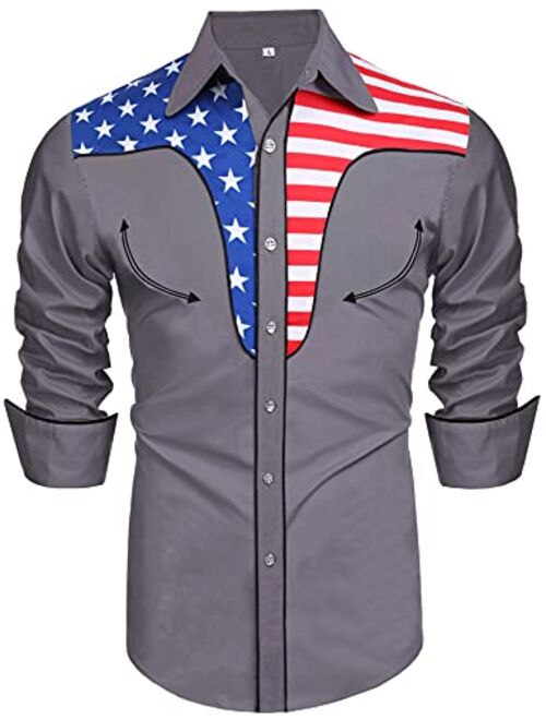 Daupanzees Men's Long Sleeve Embroidered Shirts Slim Fit American Flag Button Down Shirts