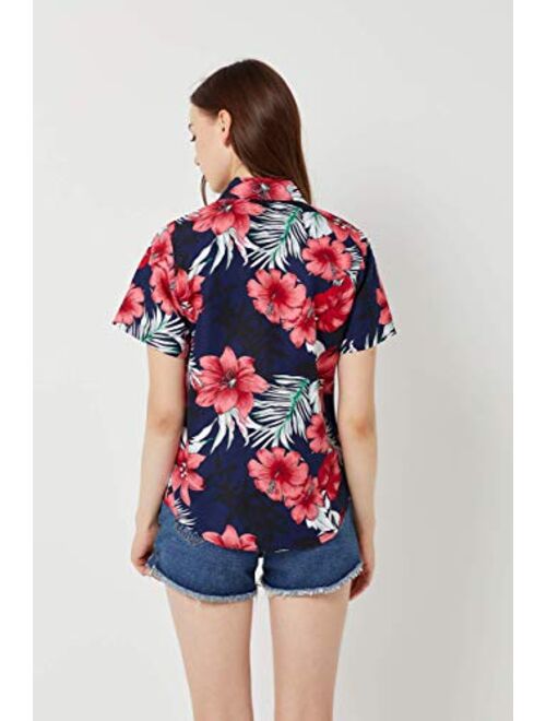 SSLR Women's Printed Short Sleeve Casual Button Down Hawaiian Shirt