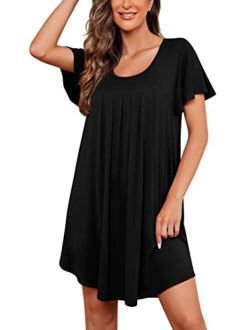 PrinStory Womens Nightgown Comfy Short Sleeve Sleepwear Ladies Nightshirt Soft Scoopneck Pleated Sleepshirt
