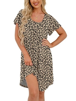 PrinStory Womens Nightgown Comfy Short Sleeve Sleepwear Ladies Nightshirt Soft Scoopneck Pleated Sleepshirt