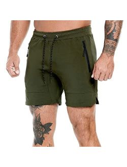 A WATERWANG Mens Gym Workout Shorts, 5” Shorts Men for Athletic Running Bodybuilding with Zipper Pockets