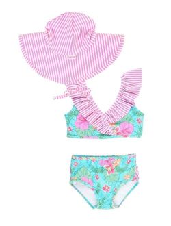 Baby Girls Ruffled Bikini Swimsuit with Hat, 3-Piece Set