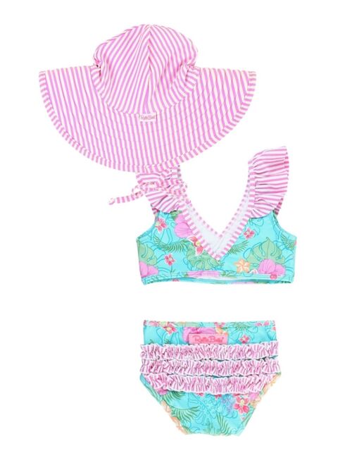 RuffleButts Baby Girls Ruffled Bikini Swimsuit with Hat, 3-Piece Set
