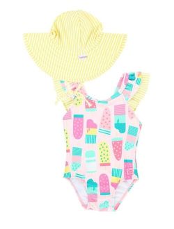 Baby Girls Ruffle V-Back Swimsuit with Hat, 2-Piece Set