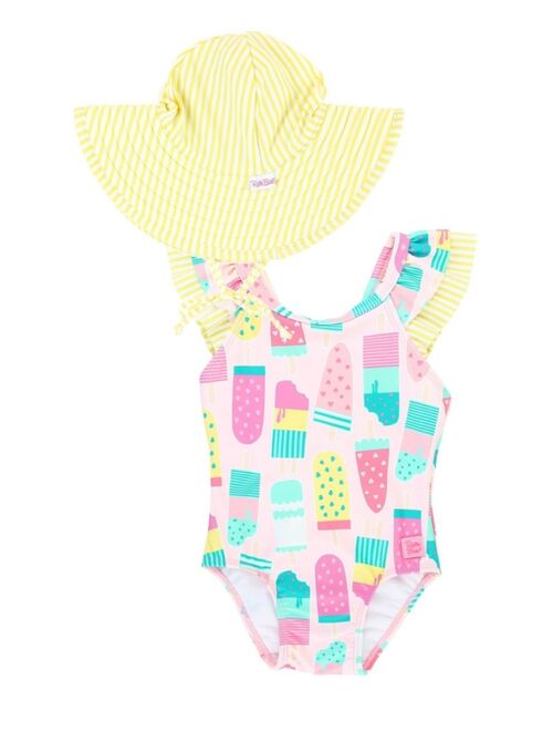 RuffleButts Baby Girls Ruffle V-Back Swimsuit with Hat, 2-Piece Set