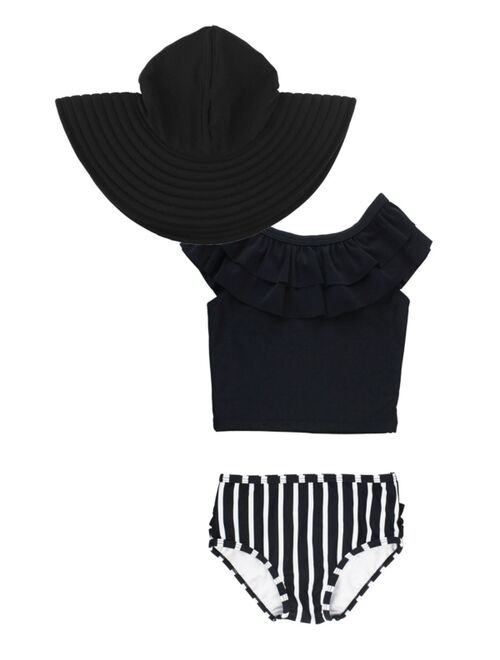 RuffleButts Baby Girls Ruffled Tankini Swimsuit with Hat, 3-Piece Set