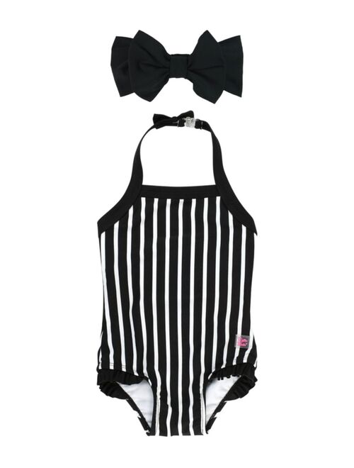 RuffleButts Baby Girls Halter Swimsuit with Bow Headband, 2-Piece Set