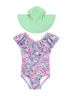 Baby Girls Rash Guard Swimsuit with Hat, 2-Piece Set