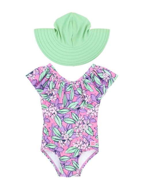 RuffleButts Baby Girls Rash Guard Swimsuit with Hat, 2-Piece Set